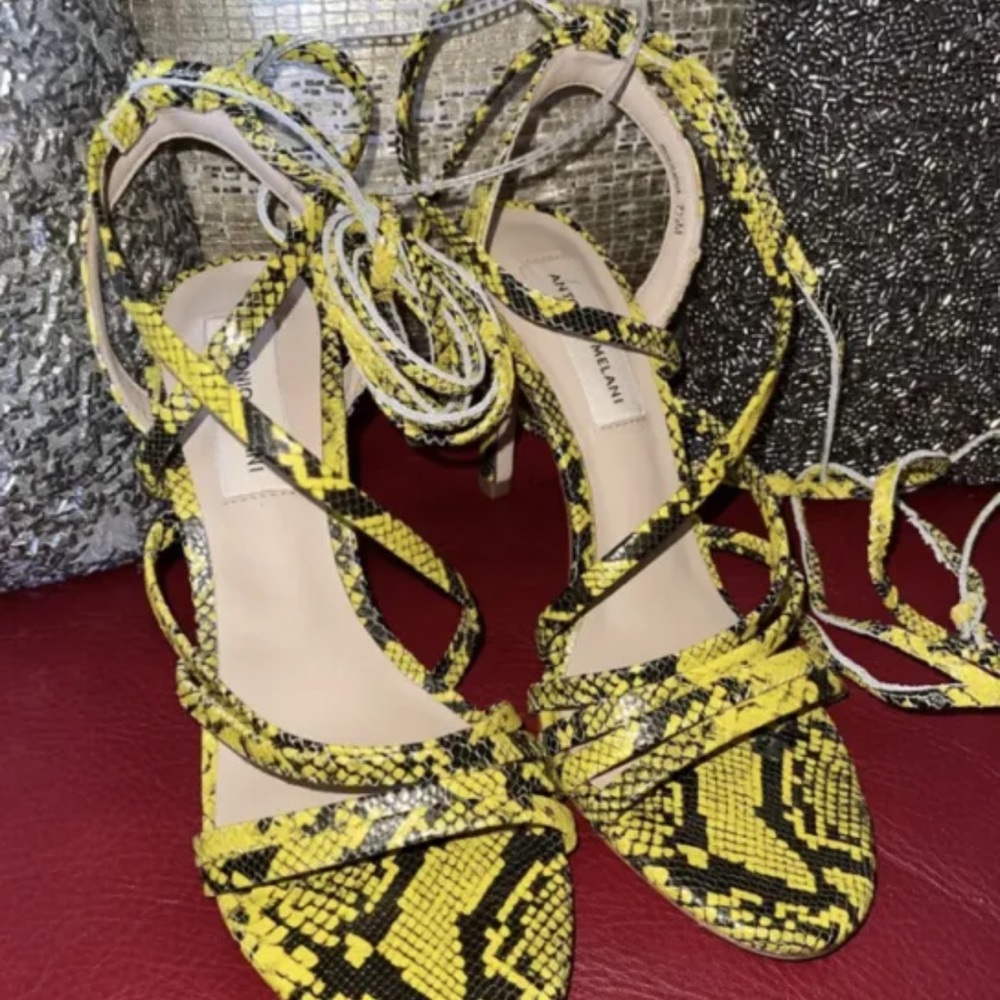 ANTONIO MELANI Vaylyn Snake Print Leather Lace Up Dress Sandals, Yellow/Blk (7.5 - Picture 3 of 6